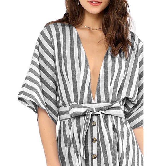 Striped Grey Button Down Backless Mini Boho Dress - Picture 5 of 5